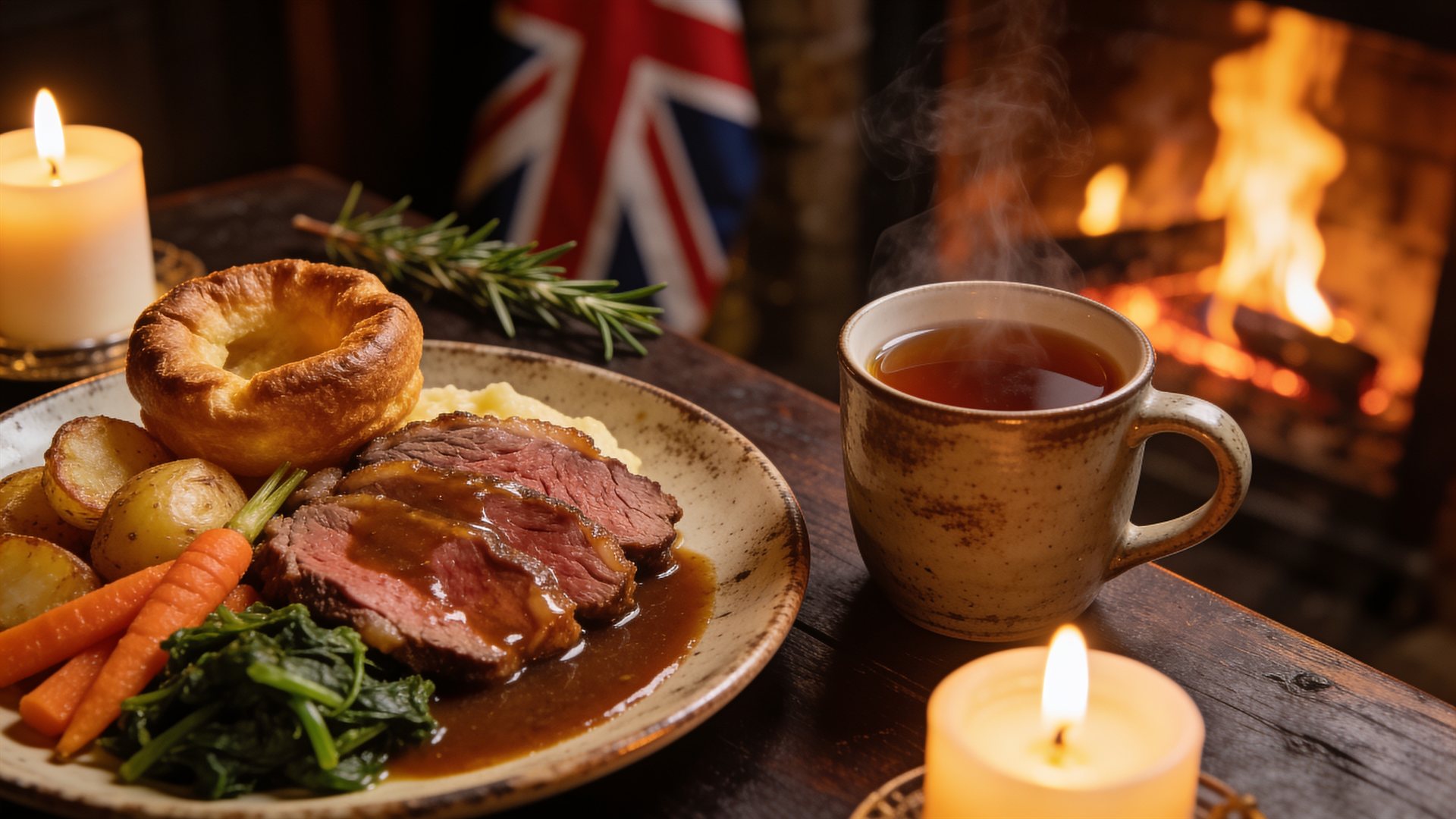 A freshly served roast dinner and a cup of tea by the fire