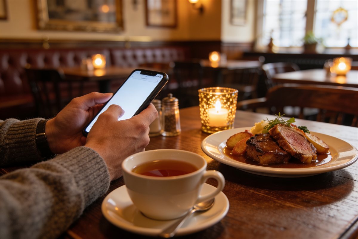 Ordering a roast online from a cosy pub table